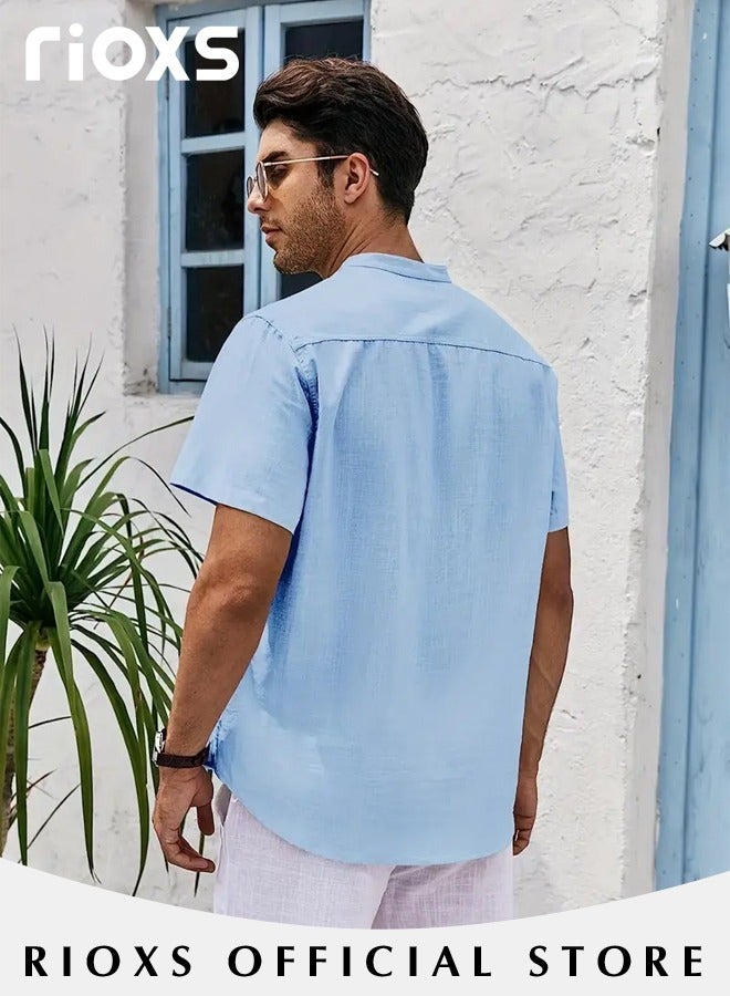 Men's Shirts, Button-Up Short Sleeve Top, Solid Color V-Neck Henley Shirts, Summer Loose Shirt, Casual Beach Shirts For Men, Comfy Mens Dress Shirts Tops For Hawaiian Office Or Daily Wear