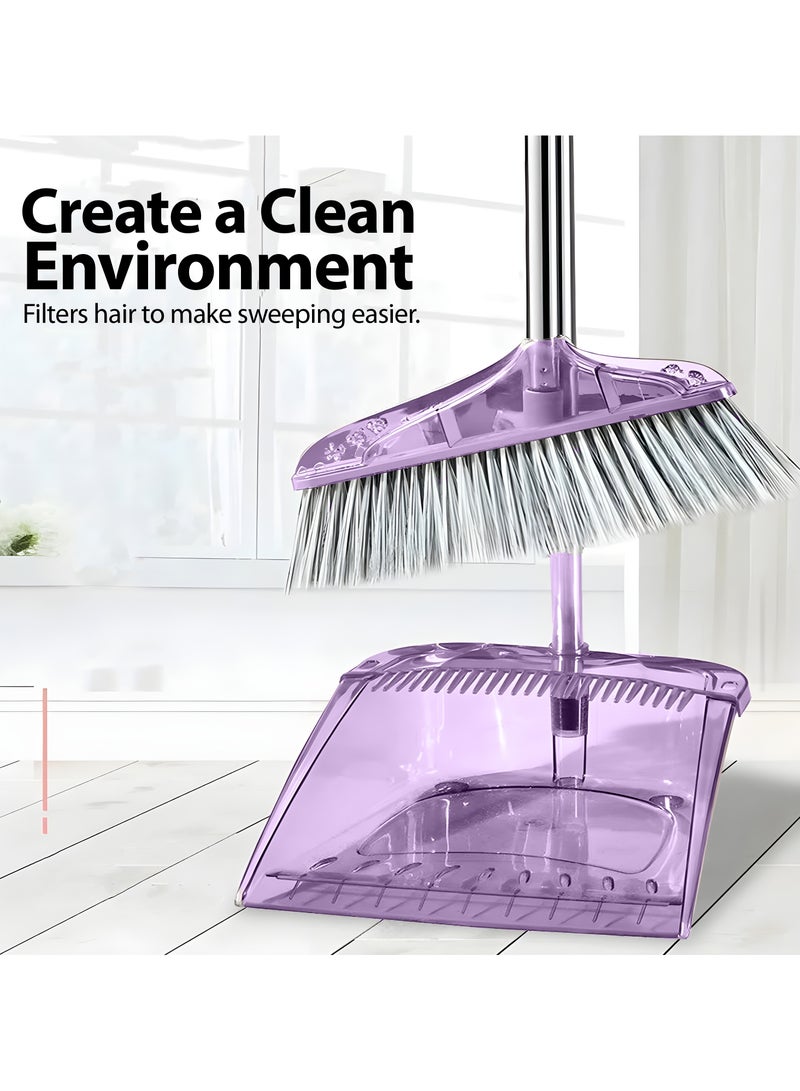 Drizo Broom and Dustpan Set, Long Handle Broom, Efficient Floor Cleaning, No Dust Left Behind, High-Quality Transparent Broom and Dustpan for Home Kitchen Office (Pink)