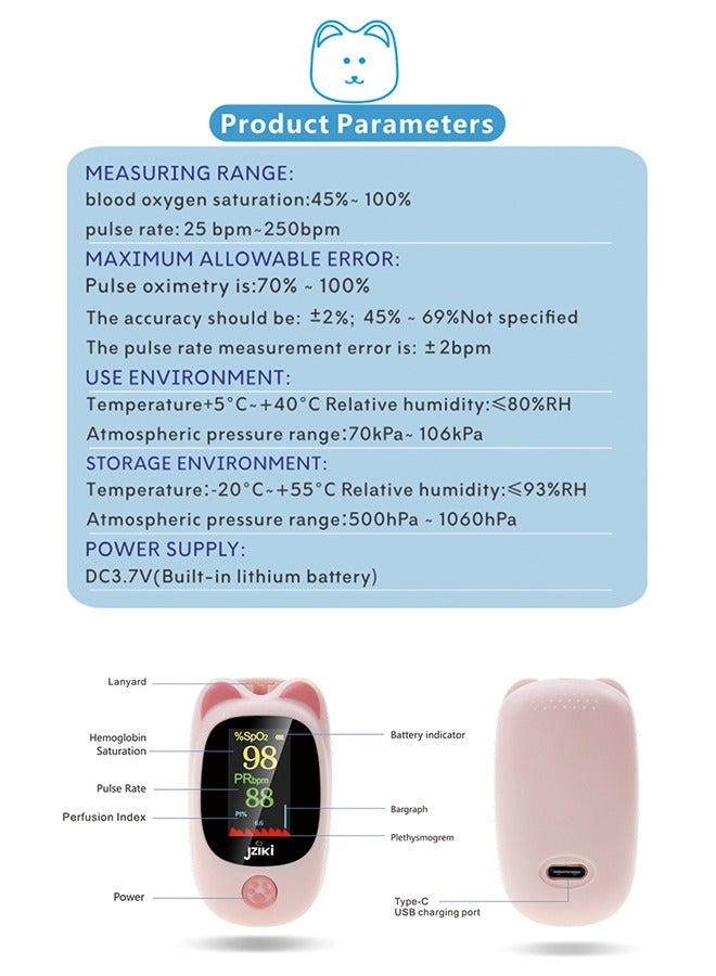JZIKI Children's Pulse Oximeter - Fingertip Blood Oxygen Monitor,Pink
