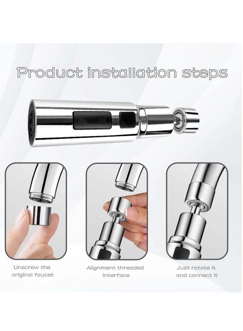 Kitchen Tap Spray Head, 360° Swivel Spout Tap Extender, Replacement Tap End Diffuser, FM22 M24 tap Attachment Sink Kitchen, 3 Modes Anti-Splash (Silver)