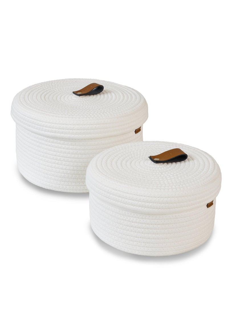 2 PCS Round Cotton Rope Storage Basket with Lid, Decorative Woven Storage Containers Washable Organizer Box Container for Snacks, Towels, Plants, Leather Handle Design(White)