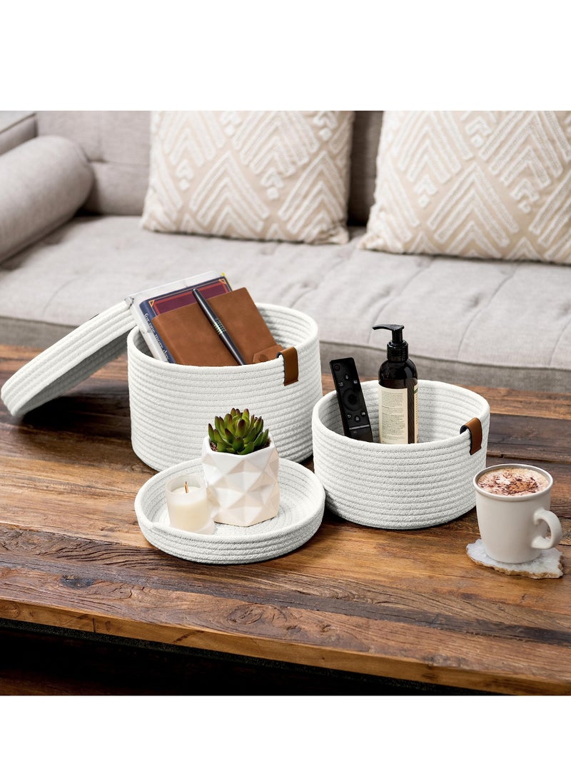 2 PCS Round Cotton Rope Storage Basket with Lid, Decorative Woven Storage Containers Washable Organizer Box Container for Snacks, Towels, Plants, Leather Handle Design(White)