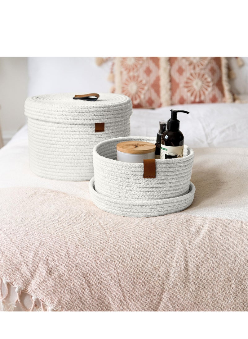 2 PCS Round Cotton Rope Storage Basket with Lid, Decorative Woven Storage Containers Washable Organizer Box Container for Snacks, Towels, Plants, Leather Handle Design(White)