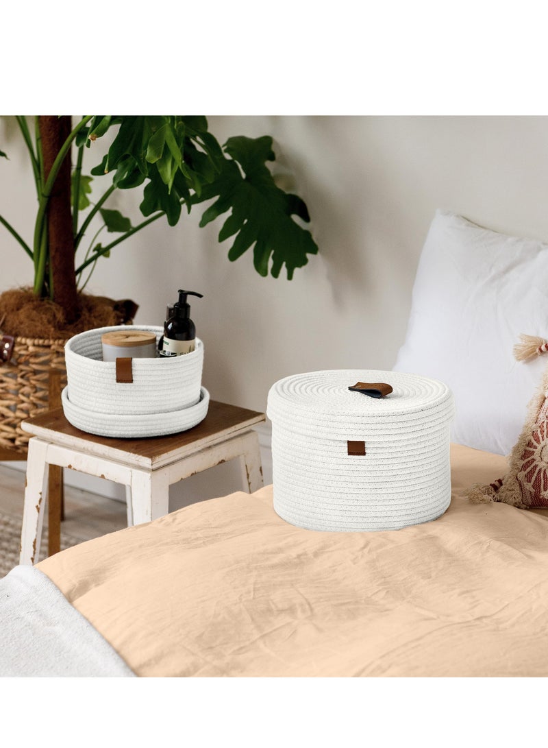 2 PCS Round Cotton Rope Storage Basket with Lid, Decorative Woven Storage Containers Washable Organizer Box Container for Snacks, Towels, Plants, Leather Handle Design(White)