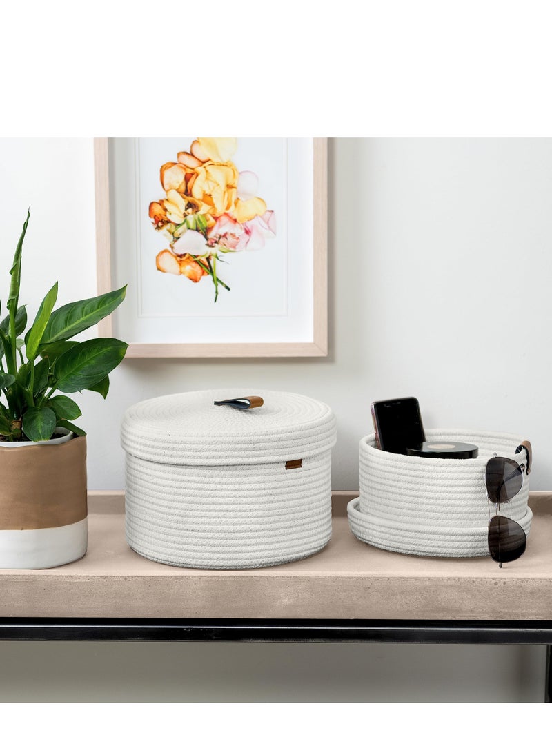 2 PCS Round Cotton Rope Storage Basket with Lid, Decorative Woven Storage Containers Washable Organizer Box Container for Snacks, Towels, Plants, Leather Handle Design(White)