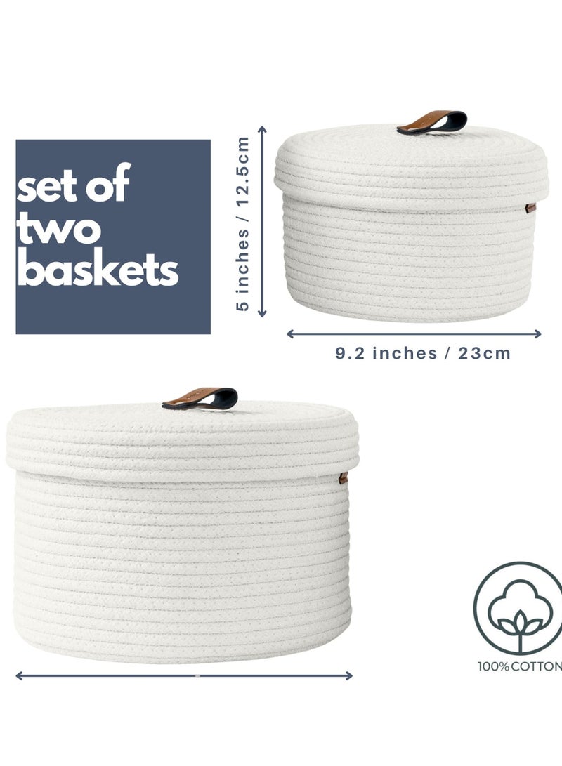 2 PCS Round Cotton Rope Storage Basket with Lid, Decorative Woven Storage Containers Washable Organizer Box Container for Snacks, Towels, Plants, Leather Handle Design(White)