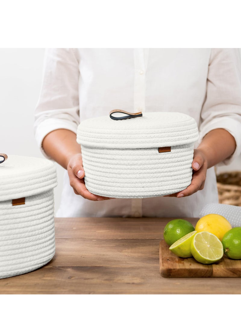 2 PCS Round Cotton Rope Storage Basket with Lid, Decorative Woven Storage Containers Washable Organizer Box Container for Snacks, Towels, Plants, Leather Handle Design(White)