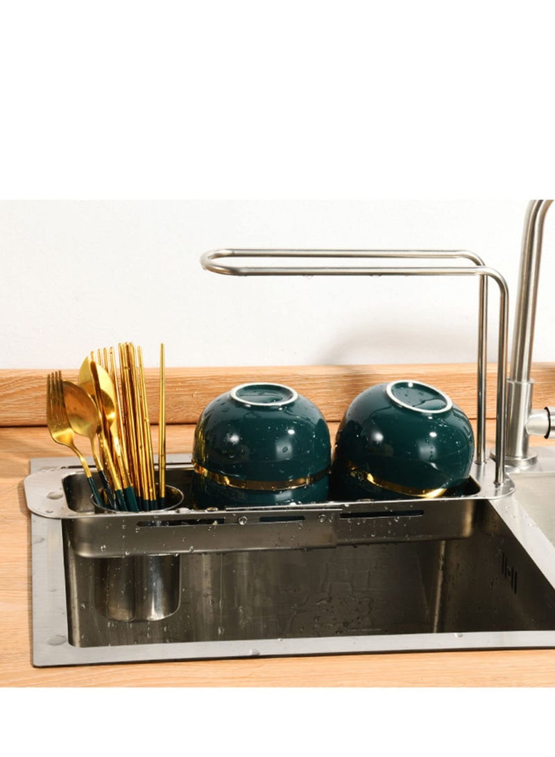 Kitchen Sink Caddy Sponge Holder,Stainless Steel Multi-Functional Over Sink Organizer with Towel Holder and Residue Filter