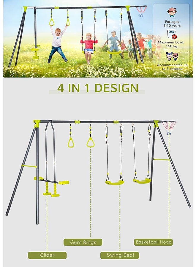 5 IN 1 Kids Garden Swing Set for Backyard, Outdoor Play Equipment, w/ Adjustable Swing Seats, Seesaw, Basket Hoop, Gym Rings, A-Frame Metal Stand, for Ages 3-10 Years