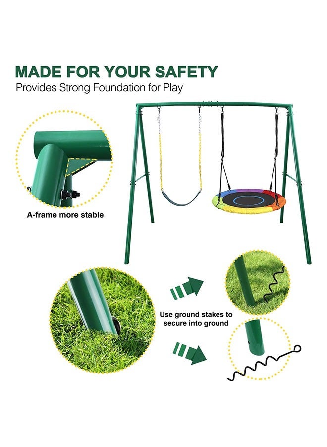 2-Seat Swing Set for Backyard Heavy Duty A-Frame Metal Stand with 1 Saucer and Belt Swing Seats