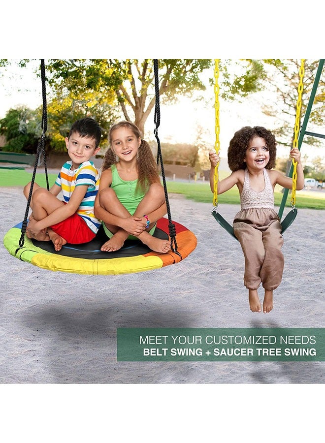 2-Seat Swing Set for Backyard Heavy Duty A-Frame Metal Stand with 1 Saucer and Belt Swing Seats