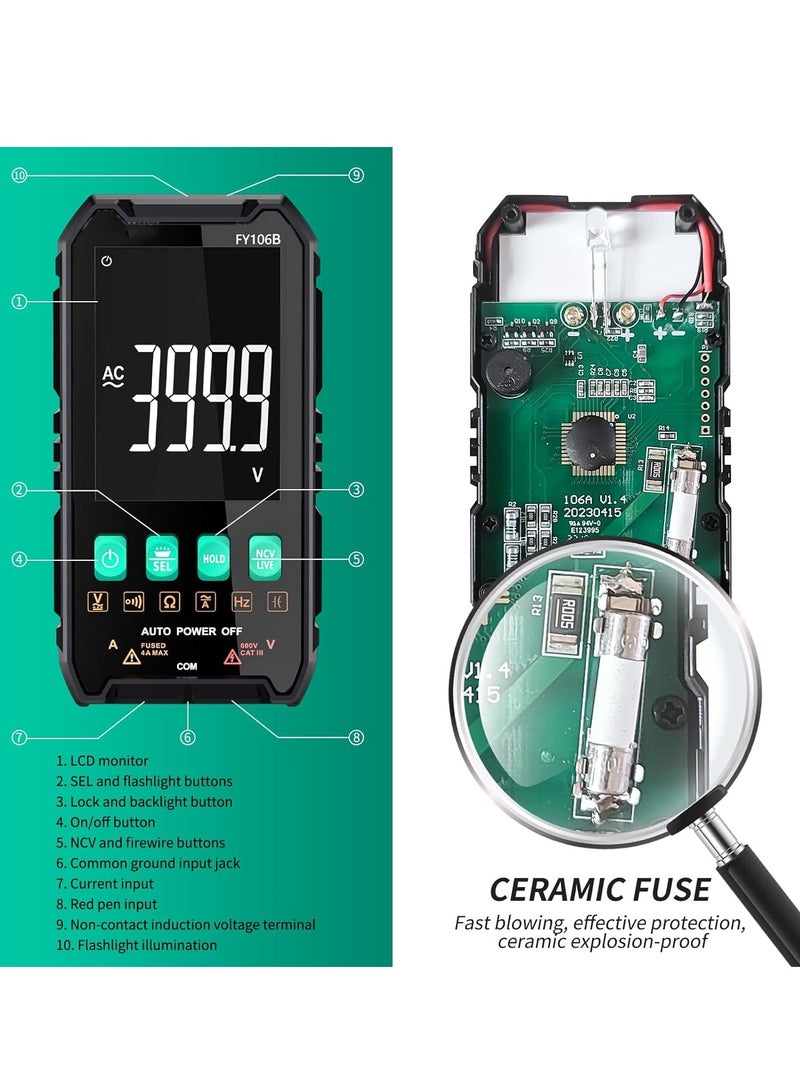 Digital Multimeter, Compact Intelligent Multi Tester, NCV Electrical Tester, True RMS 4000 Counts, LCD, Overload Protection, Auto-Ranging, Electric Tools for Househould Outlet, Automotive Battery Test