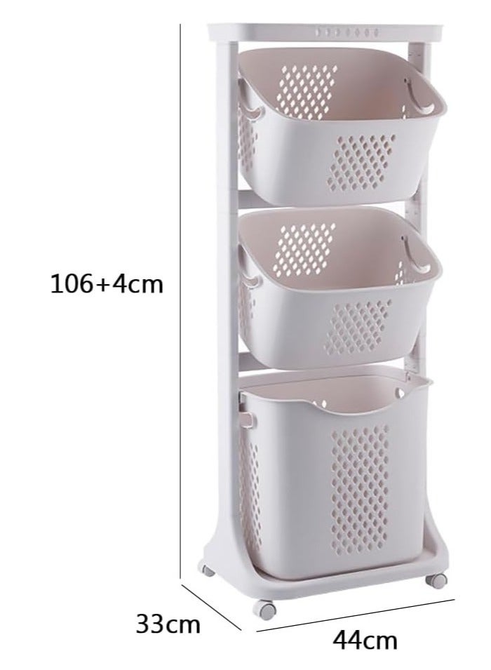 Plastic Laundry Basket 3 Layers Laundry Hamper Household Dirty Clothes Hamper Clothes Storage Basket on Wheels for Bedroom Bathroom Laundry Room and Balcony (White)