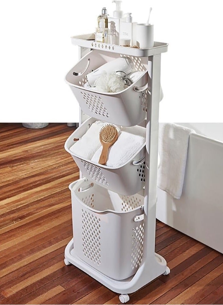 Plastic Laundry Basket 3 Layers Laundry Hamper Household Dirty Clothes Hamper Clothes Storage Basket on Wheels for Bedroom Bathroom Laundry Room and Balcony (White)