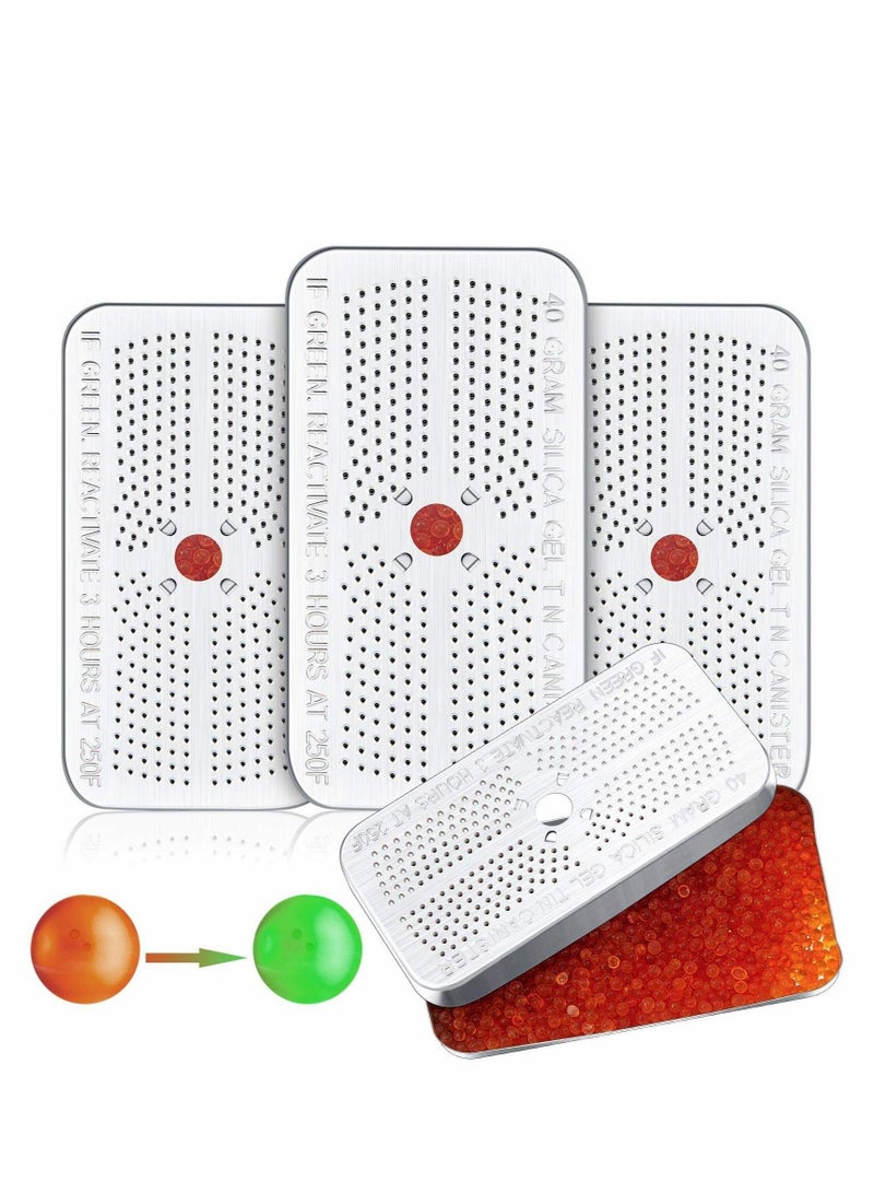 Indicating Silica Gel Dehumidifier Desiccant, 40 Gram Each Packs, Reusable Absorber Orange Desiccant Canisters, Green Bead Tin for Car, Closet, Cabinet, Bag, Storage Box(Pack of 3)