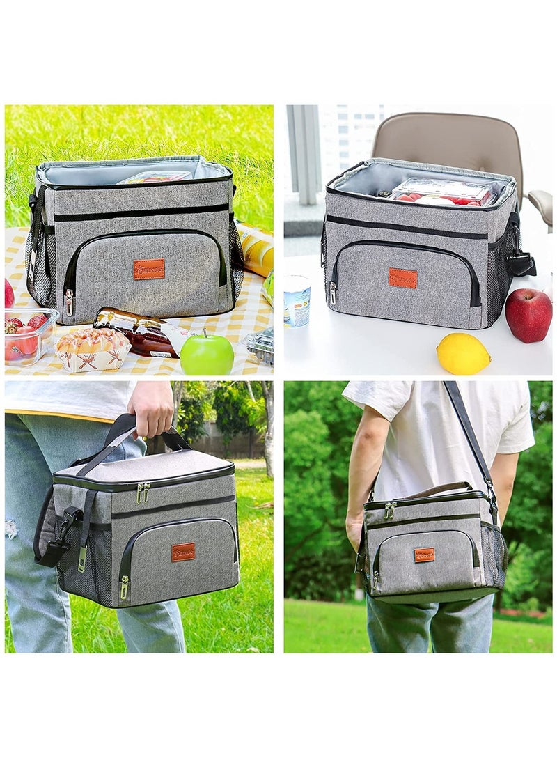 Insulated Lunch Bag, Thermal Bag with Adjustable Shoulder Strap, Cooler for Office, School, Picnic, and Beach(Grey)