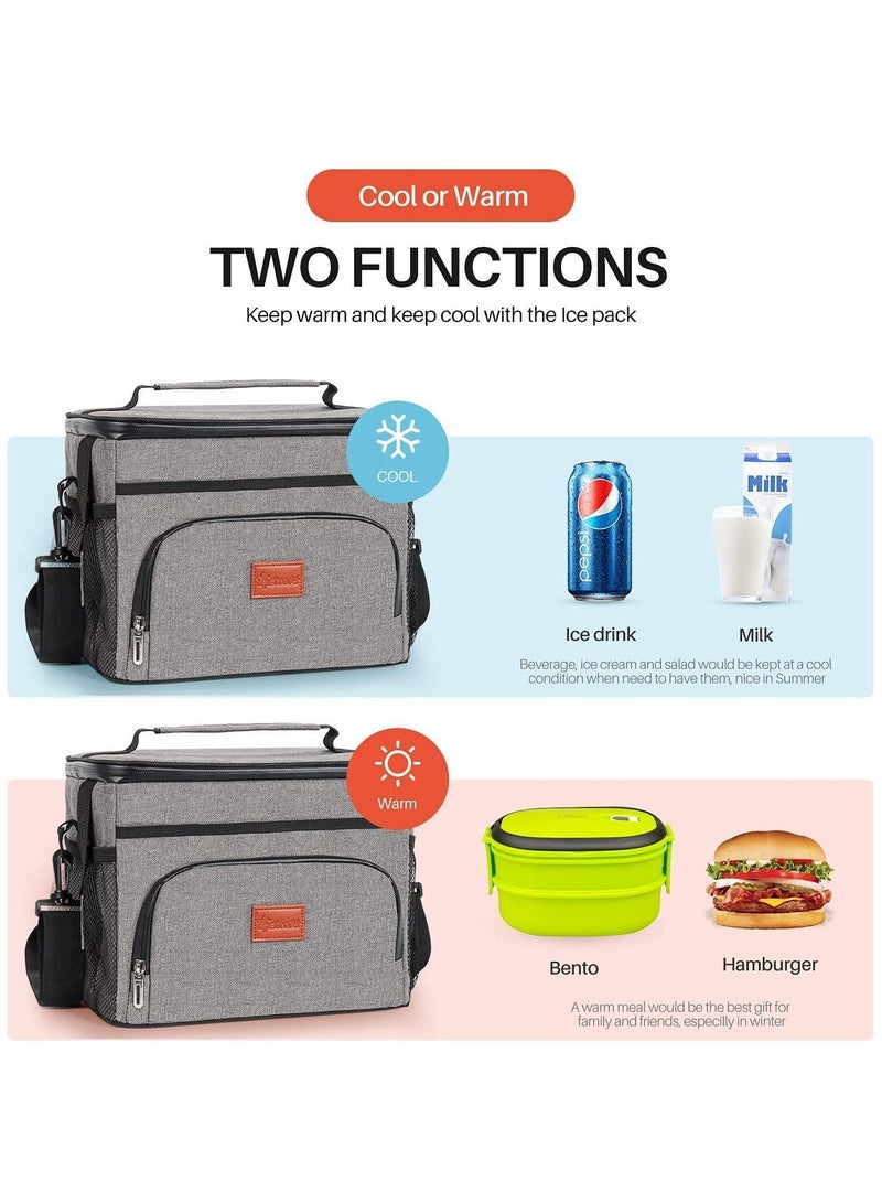 Insulated Lunch Bag, Thermal Bag with Adjustable Shoulder Strap, Cooler for Office, School, Picnic, and Beach(Grey)