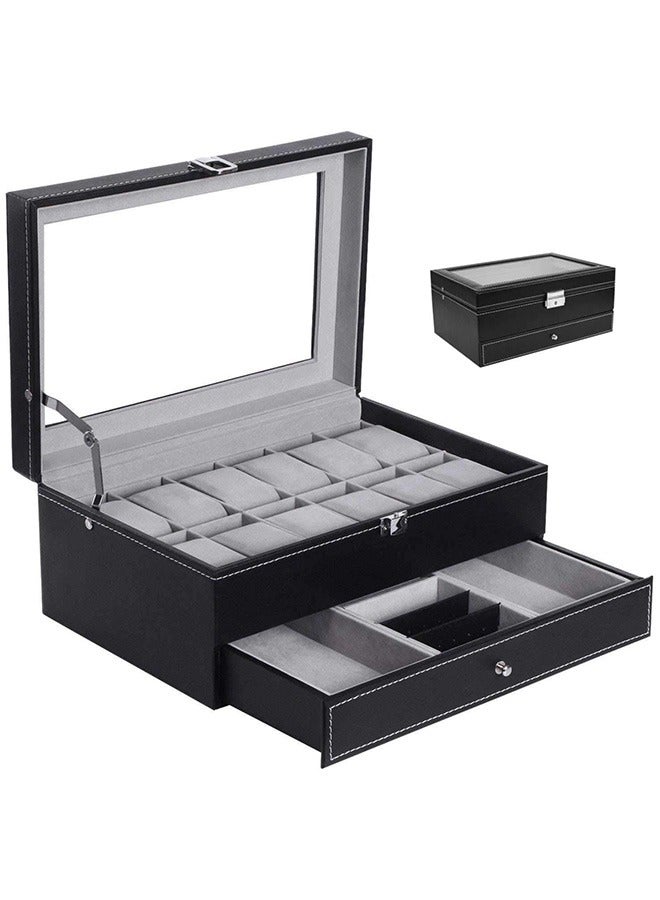 Double Layer 12PCS Jewelry Watch Bracelet Storage Box with Glass Plate Window，black