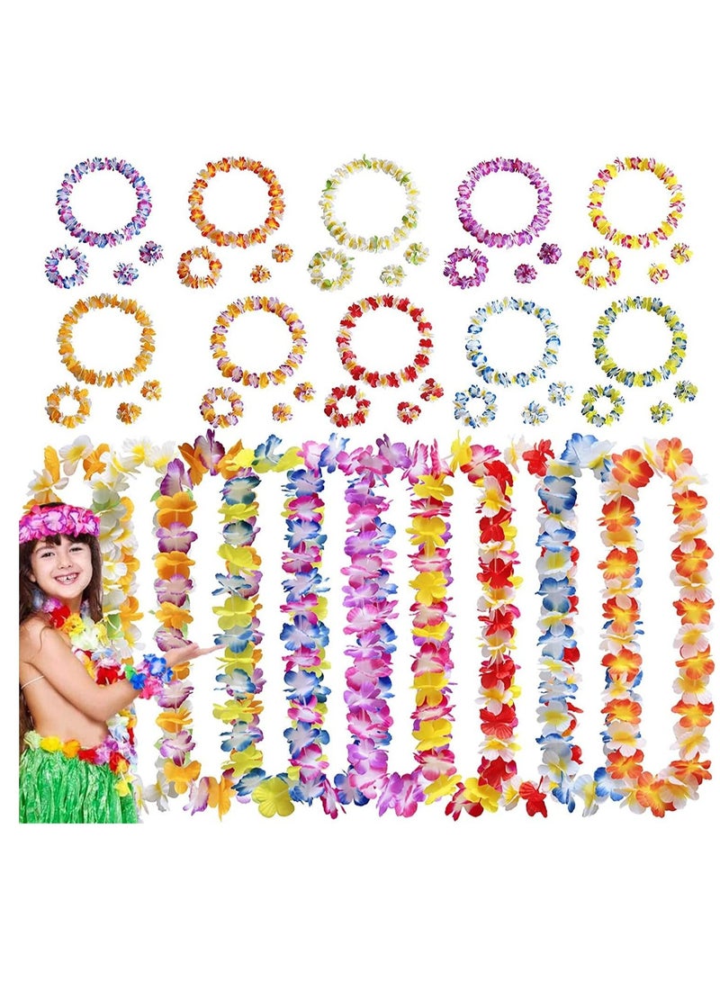 Hawaiian Leis, 10 PCS Garland Flower, Tropical Party Necklace, Headbands and Wristbands, Kids Adults, Summer Beach Favors, Birthday, Wedding Decorations