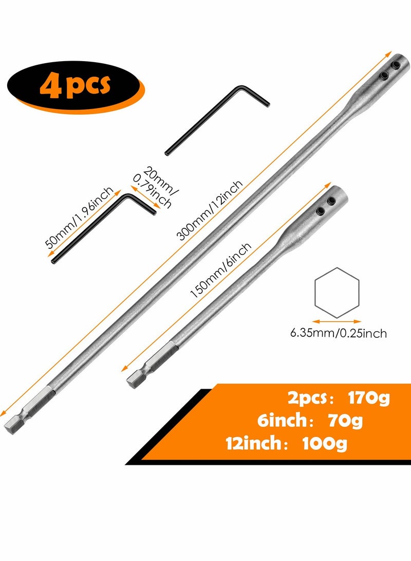 Extension Drill Bit Set Wood Spade Extension, 6 and 12 Inches with 2 Pieces Key, Use High-Carbon Steel Bits  Silver 4pieces