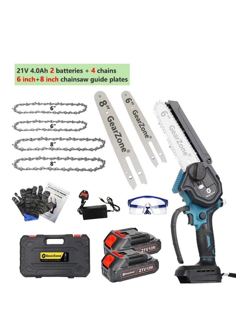 Cordless Chainsaw 6 and 8 Inches, 2-in-1 Mini Chainsaw with 2pcs Batteries and Charger, Small Chainsaw Portable Wood Cutter One-Handed Chainsaw for Trees, Gardening, Forests (Blue)