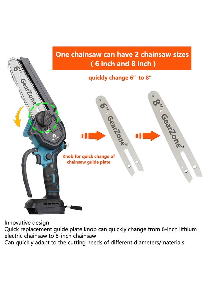 Cordless Chainsaw 6 and 8 Inches, 2-in-1 Mini Chainsaw with 2pcs Batteries and Charger, Small Chainsaw Portable Wood Cutter One-Handed Chainsaw for Trees, Gardening, Forests (Blue)