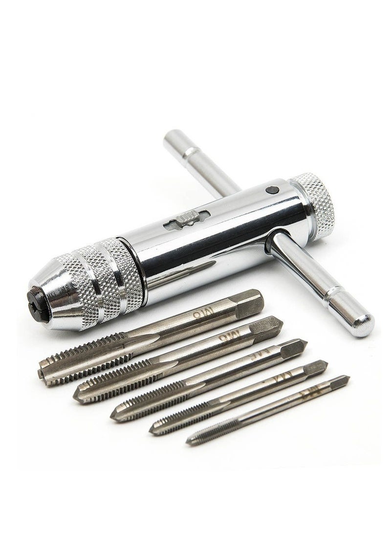 Adjustable Silver T Handle Ratchet Tap Holder Wrench with 5pcs M3 M8 3mm 8mm Machine Screw Thread Metric Plug T shaped Tap