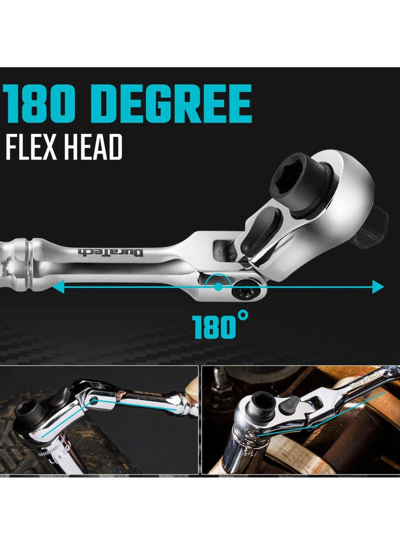 SYOSI 1/4 Inch Drive Ratchet Handle, 72-Tooth Multifunctional Socket & Bit Driver, 2 in 1 Flex Head Ratchet with Reversible Switch, Alloy Steel Full-Polished Chrome Plating Socket Wrench