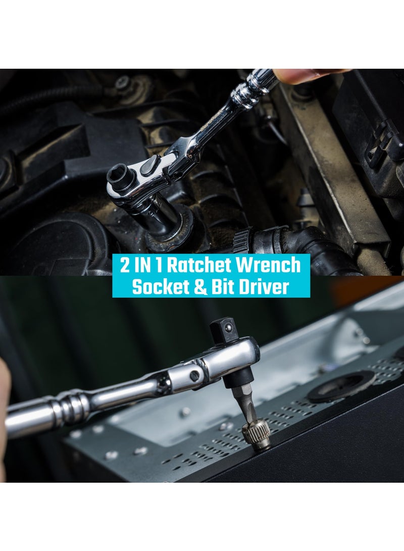 SYOSI 1/4 Inch Drive Ratchet Handle, 72-Tooth Multifunctional Socket & Bit Driver, 2 in 1 Flex Head Ratchet with Reversible Switch, Alloy Steel Full-Polished Chrome Plating Socket Wrench