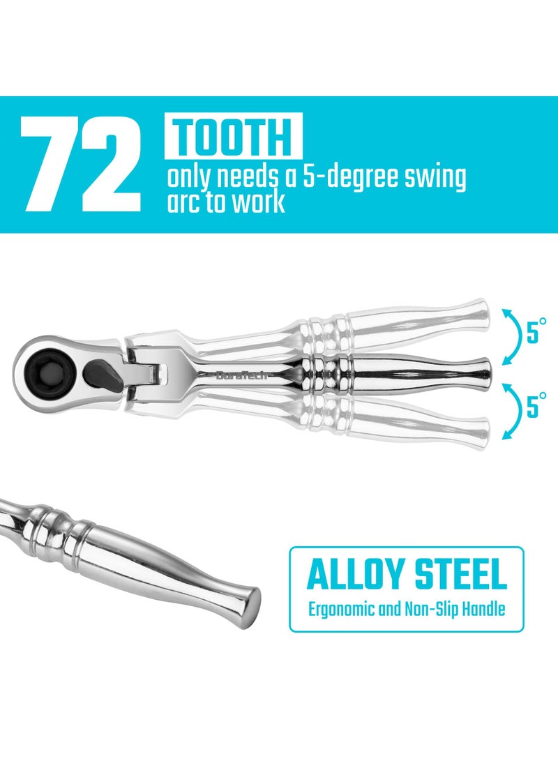 SYOSI 1/4 Inch Drive Ratchet Handle, 72-Tooth Multifunctional Socket & Bit Driver, 2 in 1 Flex Head Ratchet with Reversible Switch, Alloy Steel Full-Polished Chrome Plating Socket Wrench