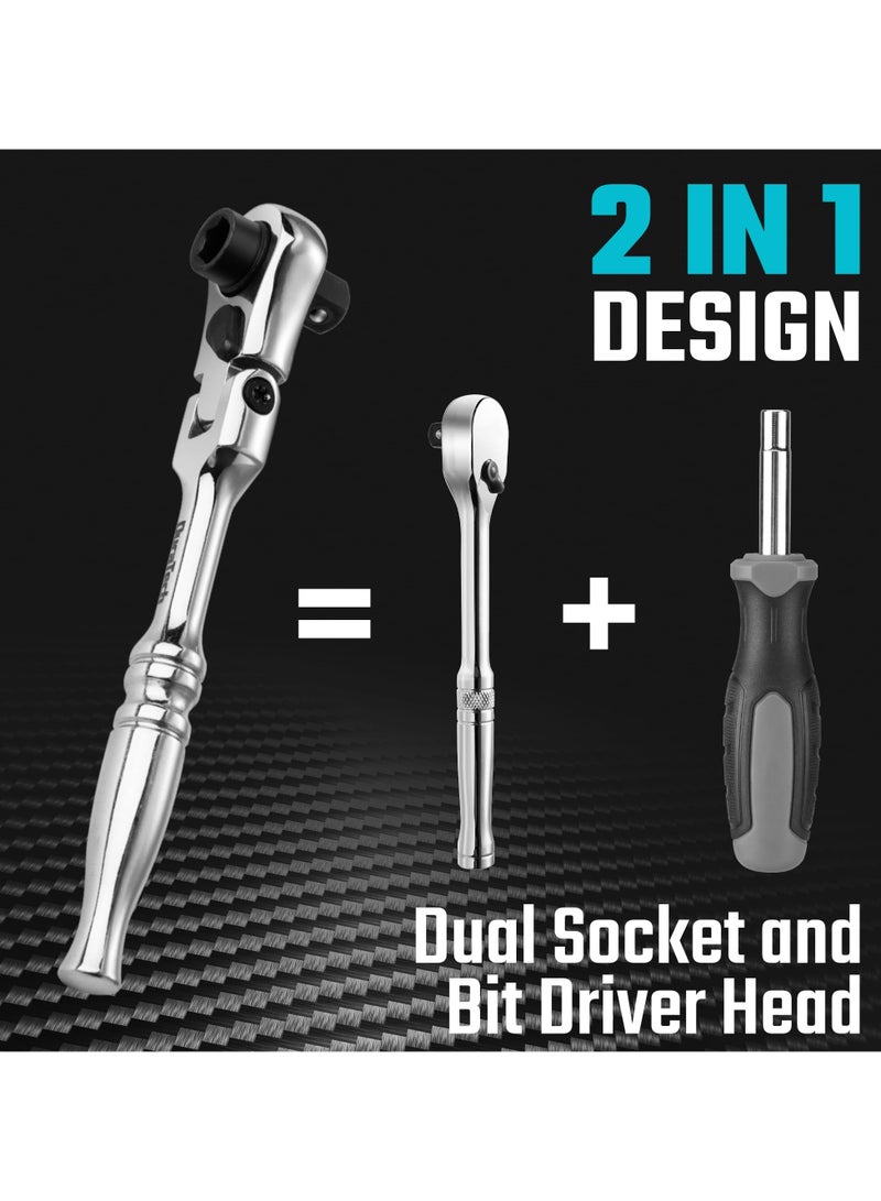 SYOSI 1/4 Inch Drive Ratchet Handle, 72-Tooth Multifunctional Socket & Bit Driver, 2 in 1 Flex Head Ratchet with Reversible Switch, Alloy Steel Full-Polished Chrome Plating Socket Wrench