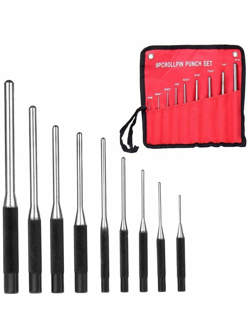 Roll Pin Punch Set, 9 Pcs Center Punch Set with Storage Pouch, 40CR Steel Removing Repair Tool Metal Pin Punch