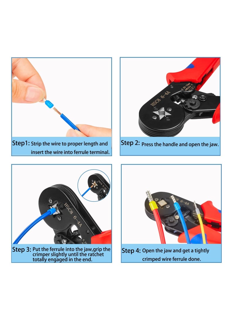 Ferrule Crimping Tools Wire Pliers - 1250 PCS Wire Ferrules with Crimpers Pliers Kit for Electricians, Adjustable Ratchet Tools with Terminals Connectors 0.25-10 mm² (AWG 23-7)
