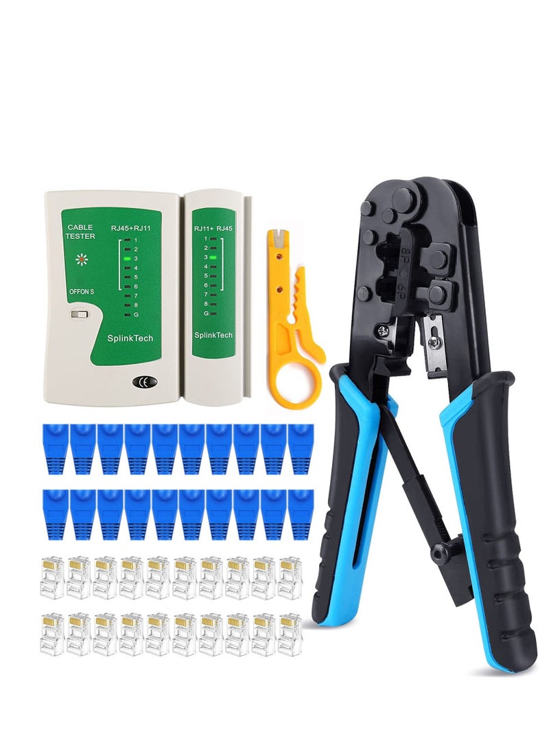 Ethernet Crimp Tool Set Cut and Strip Tool RJ45 Pass Through Connectors Cut and Strip Tool with 20PCS Connectors 20PCS Covers Network Wire Stripper