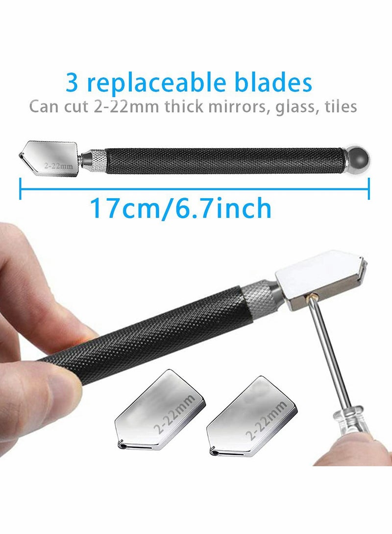 Glass Cutter, Glass Cutters Tool for Thick Glass Tiles Mirror Mosaic Cutting in The Range 2-22cm, Tile Cutter Diamond Glass Cutter with Ergonomic Handle and Replaceable 3 Carbide Cutting Heads