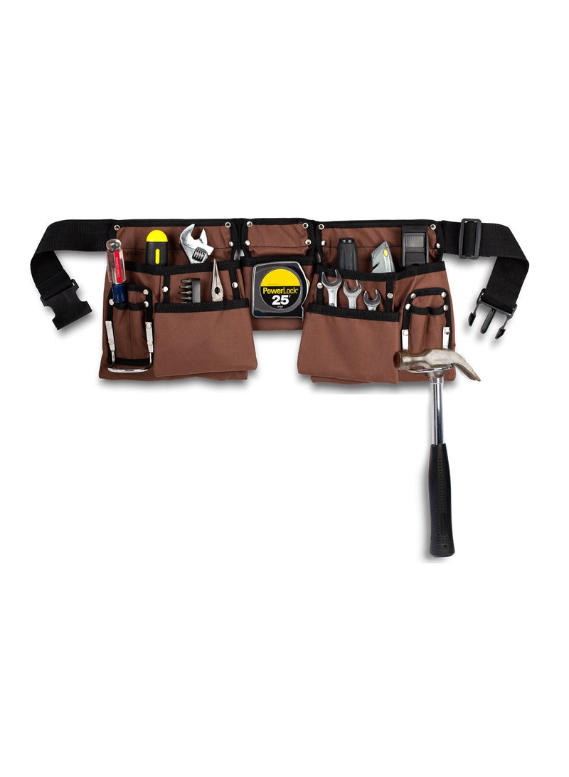 Tool Belt,11 Pocket Brown and Black Heavy Duty Construction Tool Belt, with Poly Web Belt Quick Release Buckle Adjustable Tool Pouch for Electrician,Carpenter,Construction