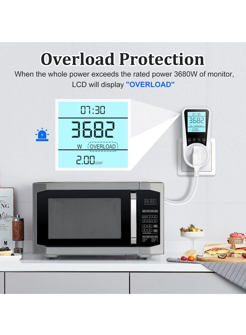 Electricity Usage Monitor,  Power Meter Energy Monitor Plug with Backlight LCD Display, 7 Modes Voltage Amps Wattage KWH Consumption Monitor, 2900W/13A Overload Protection