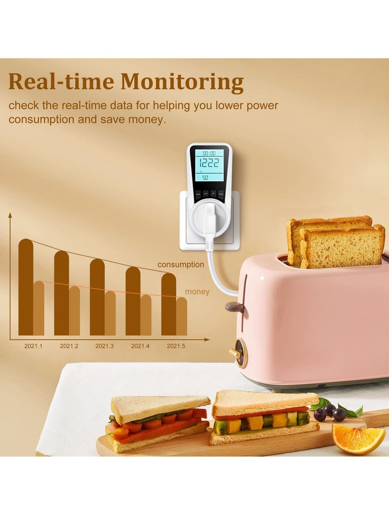 Electricity Usage Monitor,  Power Meter Energy Monitor Plug with Backlight LCD Display, 7 Modes Voltage Amps Wattage KWH Consumption Monitor, 2900W/13A Overload Protection