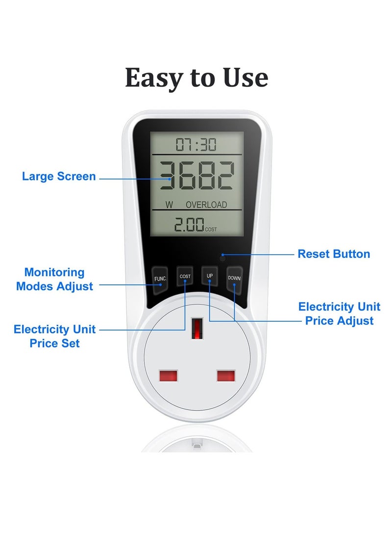 Electricity Usage Monitor,  Power Meter Energy Monitor Plug with Backlight LCD Display, 7 Modes Voltage Amps Wattage KWH Consumption Monitor, 2900W/13A Overload Protection