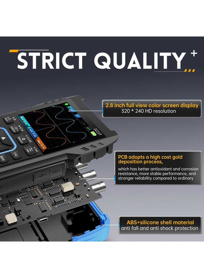 2C23T 3-in-1 Handheld Oscilloscope, Multimeter & DDS Generator - 2 Channels, 10MHz Bandwidth, 50MSa/s Sampling Rate, 10000 Counts, Voltage, Current, Capacitor, Resistor & Diode Testing.