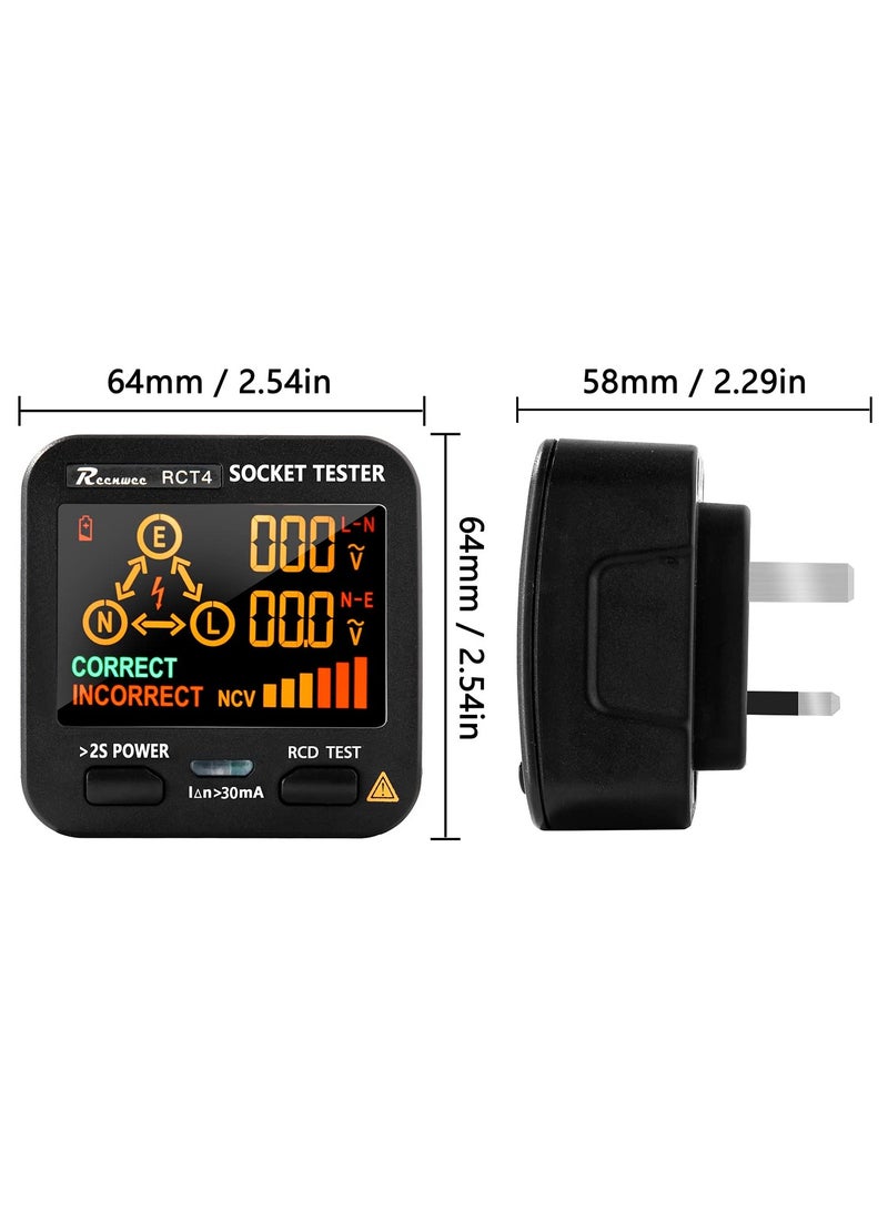 Outlet Tester, LCD with Voltage Display, RCD Socket Tester Circuit Analyzer, Standard 0.1-250V Outlets 8 Visual Indications, Polarity Detector Leakage Tester Electricity Line Fault Checker