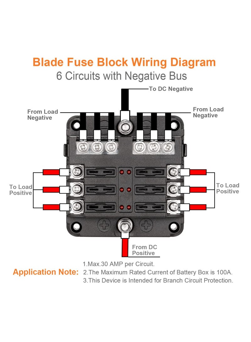 Blade Fuse Block, 12V Waterproof Fuse Box Holder, 6 Circuit Negative Bus Fuse Box with LED Indicator for Automotive Car Truck Boat Marine RV Van