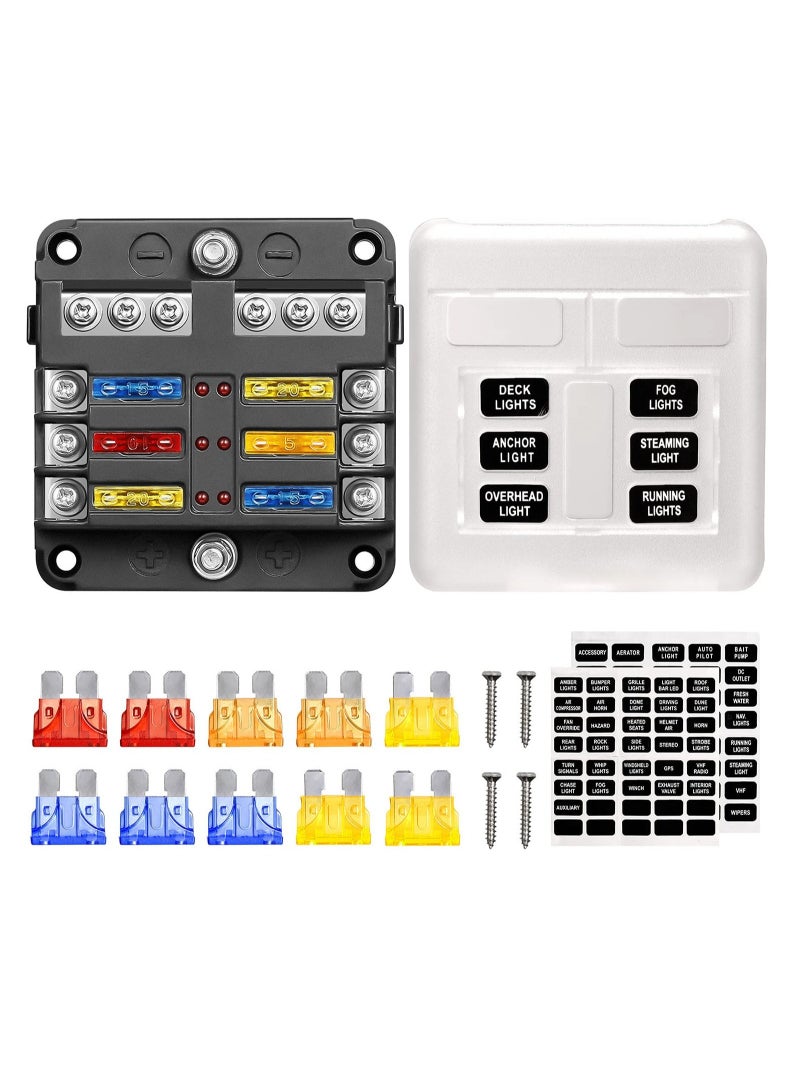 Blade Fuse Block, 12V Waterproof Fuse Box Holder, 6 Circuit Negative Bus Fuse Box with LED Indicator for Automotive Car Truck Boat Marine RV Van