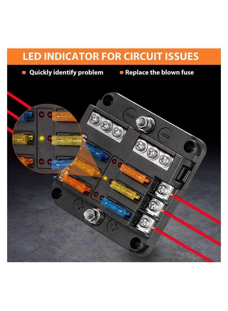 Blade Fuse Block, 12V Waterproof Fuse Box Holder, 6 Circuit Negative Bus Fuse Box with LED Indicator for Automotive Car Truck Boat Marine RV Van