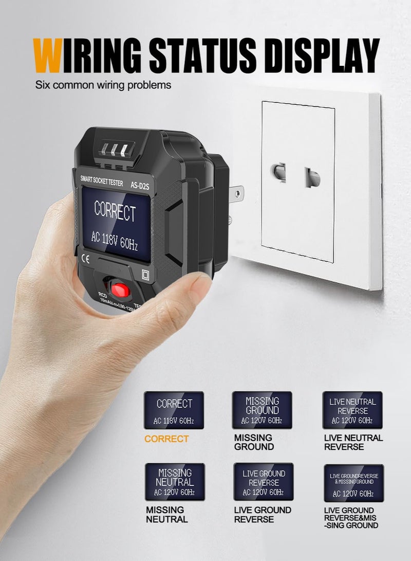 Outlet Tester with LCD Display,Electrical GFCI Trip Tester, Receptacle Detector for 3 Prong AC Voltage Sockets, Identifies Wiring Problems in Plain English