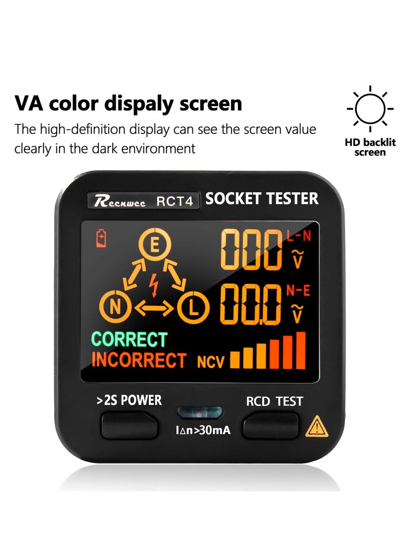 Outlet Tester, LCD with Voltage Display, RCD Socket Tester Circuit Analyzer, Standard 0.1-250V Outlets 8 Visual Indications, Polarity Detector Leakage Tester Electricity Line Fault Checker