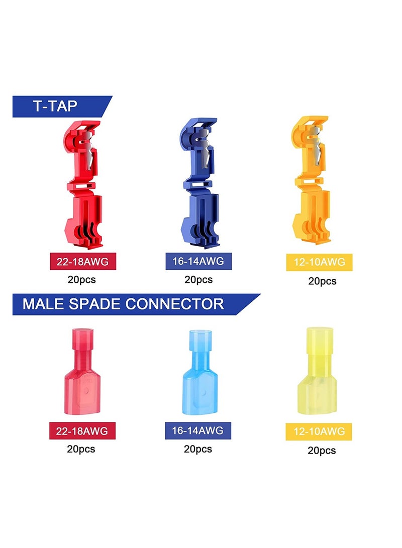 120 Pcs T-Tap Wire Connectors Kit - Self-Stripping Quick Splice Electrical Connectors with Insulated Male Quick Disconnect Spade Terminals for Easy Wiring