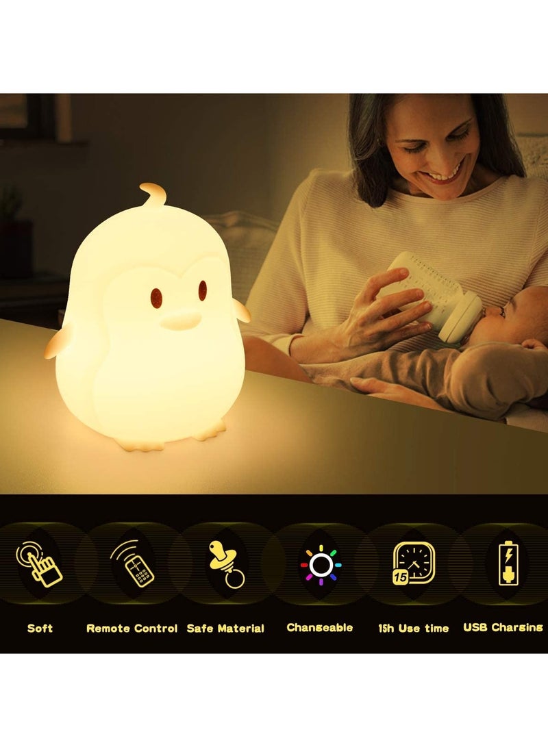 Kids Night Light Large Penguin Kawaii Birthday Gifts Room Decor Bedroom Decorations for Baby Toddler Girls Children LED 9 Color Changing Animal Portable Squishy Silicone Lamp Tap Remote Control