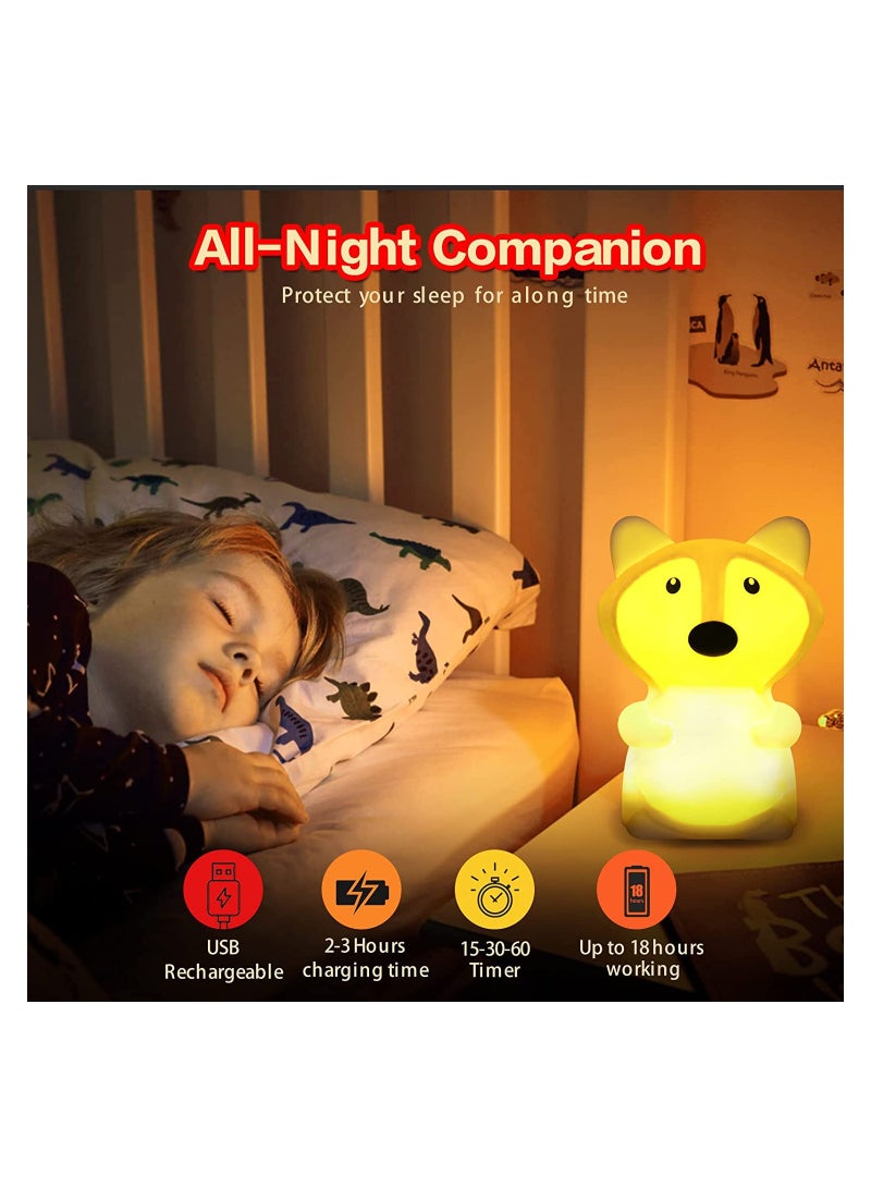 Kids Night Light Fox Silicone Nursery for Baby and Toddler Squishy Room Animal Lights Girls Boys Kawaii Lamp Cute Lamps Bedroom