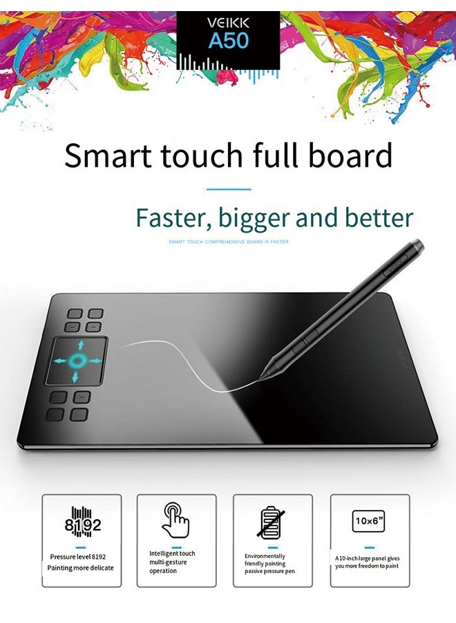 Drawing Tablet VEIKK A50 Graphics Pen Tablet 10x6 inch Active Area,with Smart Gesture Touch and 8 Express Keys,8192 Levels Battery Free Pen,Support Tilt Function Work for MAC Wins and Android/Linux